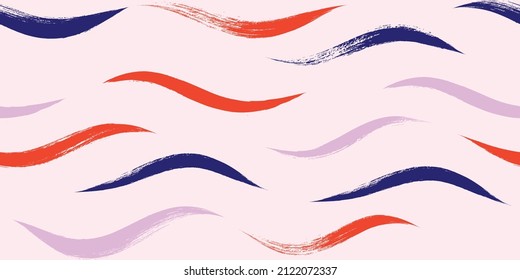 Patrón de ondas sin soldadura, fondo de curva vectorial de color rojo rosa de color agua. Icono de pincel de playa ondulado, líneas de pintura con grifo curvo, ilustración de agua dibujada a mano en el mar