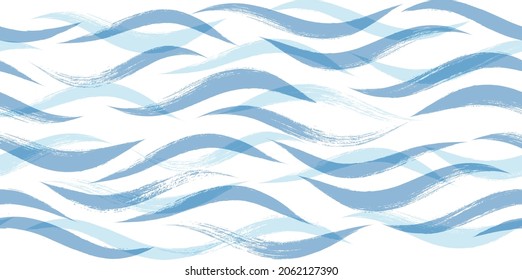 Seamless Wave Pattern, Watercolor sea vector background.  wavy beach brush stroke, curly grunge paint lines, 