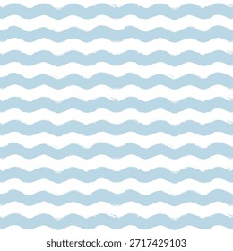 Seamless Wave Pattern, watercolor stripes, wavy sea beach print, curly grunge paint lines vector background.