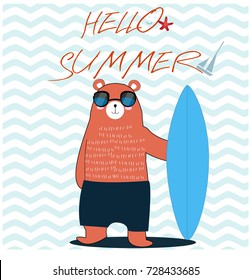 Seamless wave pattern,cute adorable beach funny theme,happy hello summer teddy bear,ocean blue surfboard pastel vector,invitation card background illustration hand draw doodle cartoon comic style