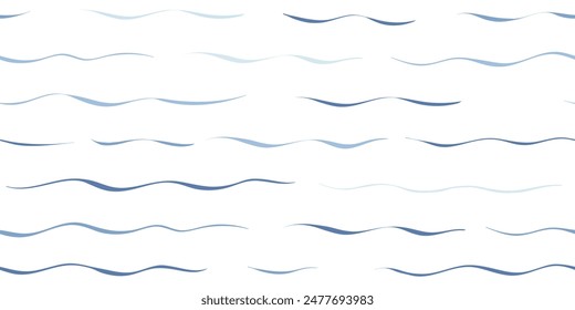 Seamless Wave Vector Pattern, watercolor water background. Wavy sea beach print, curly grunge paint lines.