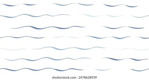 Seamless Wave Vector Pattern, watercolor water background. Wavy sea beach print, curly grunge paint lines.