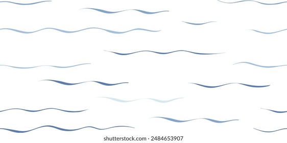 Seamless Wave Vector Pattern, watercolor water background. Wavy sea beach print, curly grunge paint lines.