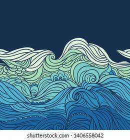 Seamless waves border. Water Pattern. Abstract water background with curly hand-drawn waves. Blue tide vector background. Sea and ocean theme. EPS 8