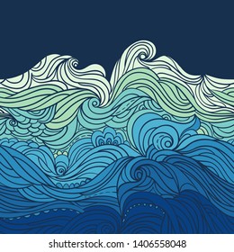 Seamless waves border. Water Pattern. Abstract water background with curly hand-drawn waves. Blue tide vector background. Sea and ocean theme. EPS 8