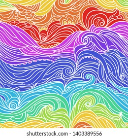 Seamless waves pattern. Abstract water background with curly hand-drawn lines. Colourful tide vector backdrop. Sea and ocean theme. Eps 8