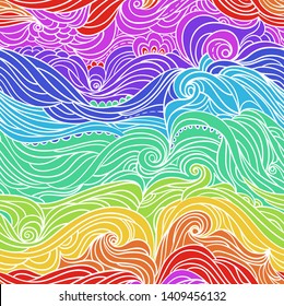 Seamless waves pattern. Abstract water background with curly hand-drawn lines. Colourful striped vector backdrop. Sea and ocean theme. Eps 8