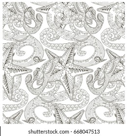 Seamless waves and starfish ornamental monochrome pattern stock vector illustration