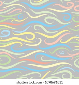Seamless Wavy Background. Hand-drawn Stylized Colorful Waves in Classic Style. Elegant Abstract Background with Swirl Lines. Seamless Wavy Pattern for Cloth, Fashion Printing, Fabric, Paper, Wrapping.