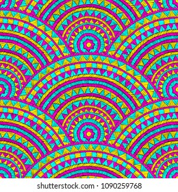 Seamless wavy embroidered pattern. Handmade. Blue, yellow and pink colors. Prints for textiles. Ethnic and tribal motifs. Complex patchwork ornament. Vector illustration.