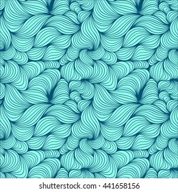 Seamless wavy hand drawn doodle curly pattern with lines like hair. Bunches of convex abstract blue stripes as water, ocean, river