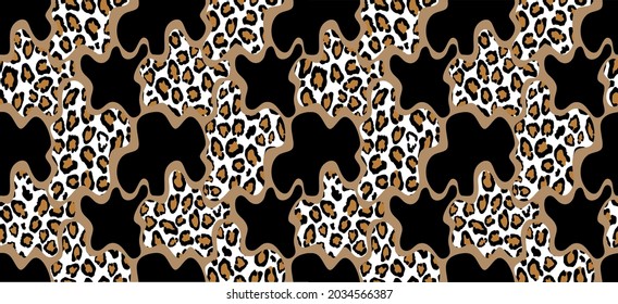 Seamless Wavy with Leopard skin on Black. Vector Illustration.
