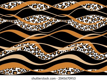 Seamless Wavy line with Leopard skin Pattern. Vector Illustration.
