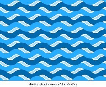Seamless wavy line pattern in blue and white, flat style. Perfect for summer designs, kids backgrounds, beach themes, packaging, textile prints, and marine illustrations