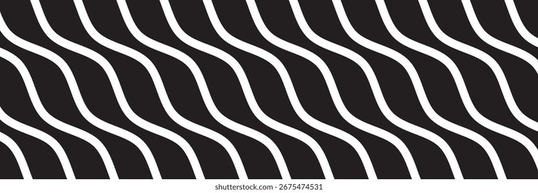 Padrão de linha ondulada uniforme no plano de fundo preto. Abstrato padrão sem emenda de linhas onduladas brancas em um fundo escuro, ideal para design moderno, papéis de parede e texturas gráficas elegantes. 