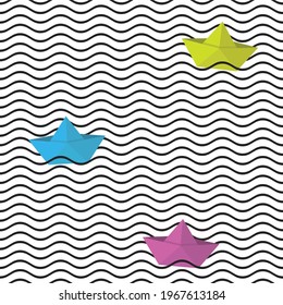 Seamless wavy line pattern with origami boats