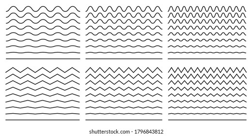 Seamless wavy line and zigzag patterns set. Horizontal curvy waves stripe and zig zags. Collection of underlines, linear sings, border and frames design element. Vector illustration.