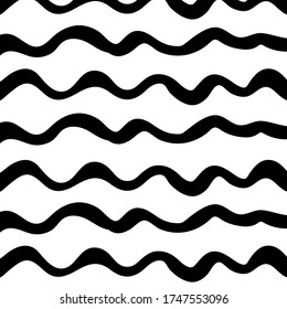 Seamless wavy pattern with black curvy lines. Vector illustration in hand draw doodle style. Childish art