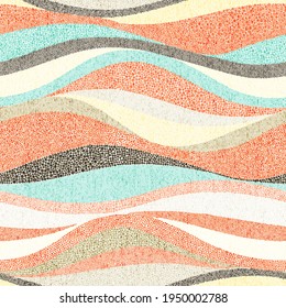Seamless wavy pattern. Complicated hand-drawn ornament in polka dot style. Sea vintage summer print for textiles. Grunge texture. Ethnic and tribal motifs. Wallpaper patchwork. Vector illustration.