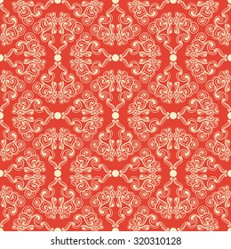 Diseño ondulado, adornado con rizos sobre fondo rojo brillante para el diseño de tela, baldosas o papel de envoltura. Fácil de usar: sólo tiene que arrastrar y soltar hasta el panel de muestra.