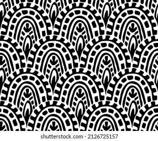 Patrón ondulado sin costura. Motivos étnicos y tribales. Impresión de Seigaiha al estilo doodle. Grunge textura.  Ornamento blanco y negro para sus textiles. Ilustración vectorial.
