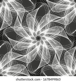 Diseño ondulado sin inconvenientes con impresión floral. Fondo blanco y negro de líneas delgadas con efecto de distorsión visual. Vector.