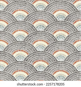 Seamless wavy pattern of seigaiha. Mosaic tile ornament. Circular abstraction peacock tail. Vector illustration.