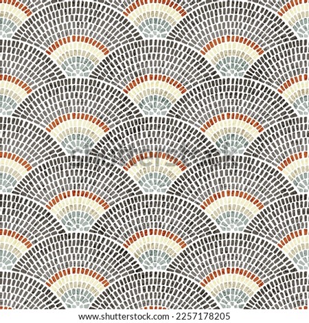 Seamless wavy pattern of seigaiha. Mosaic tile ornament. Circular abstraction peacock tail. Vector illustration.
