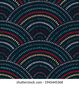 Seamless wavy pattern. Seigaiha print in polka dot style. Grunge texture. Vector illustration.