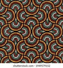 Seamless wavy pattern. Seigaiha print in polka dot style. Grunge texture. Bohemian ornament for home textiles, packaging, carpets. Vector illustration.