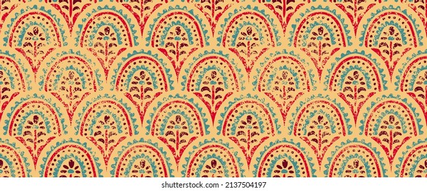 Seamless wavy pattern. Seigaiha print in native style. Grunge texture. Ethnic and tribal motifs. Vector illustration.