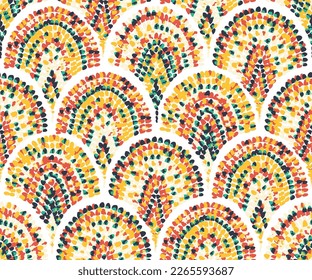 Seamless wavy pattern. Seigaiha print in polka dot style. Grunge texture. Vector illustration.