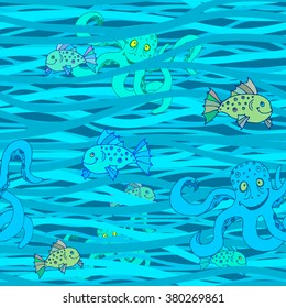 Seamless wavy pattern. Vector sea abstract background with marine life. Eps-8.