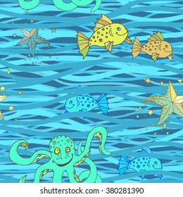 Seamless wavy pattern. Vector sea abstract background with marine life. Eps-8.