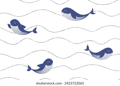 Seamless wavy pattern with whales in the sea. Ocean currents and mammals. Vector sea life on white background. Wild animals in the aquatic environment