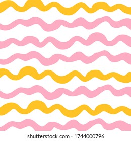 Seamless wavy pattern with yellow and pink curvy lines on white background. Vector illustration