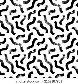 Patrón de líneas cortas onduladas sin inconvenientes. Ornamento geométrico abstracto al estilo Memphis. Fondo vectorial moderno de fondo marino dibujado a mano. Doodles desordenados, patrón de líneas curvas audaces. Grunge los trazos de pincel negro en negrita. 