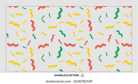 Seamless wavy squiggle pattern with red, yellow, and green abstract shapes on transparent background