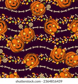 Seamless wavy striped halloween pattern with pumpkin heads like happy kids, traditional sweets, candy on dark background. Vintage illustration. Good for package, wrapping paper, holiday decoration.