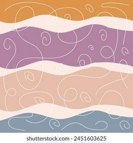 Fondo de rayas onduladas sin costuras. Patrón de Vector ondulado desigual dibujado con mano delgada. Plantilla abstracta a rayas. Textura de rayas onduladas lindas. marrón, púrpura y azul marino sobre un fondo crema