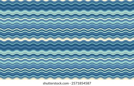 Seamless wavy stripes pattern in calming blues and creams.  Perfect for textile design, website backgrounds, or any project needing a tranquil, nautical feel.