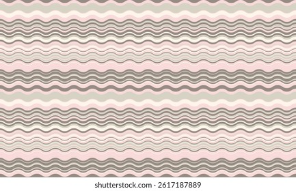 Seamless wavy stripes pattern in soft pink and gray tones. Elegant, calming design ideal for backgrounds, textiles, websites, and packaging.  Subtle texture adds visual interest.