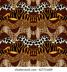 Seamless wavy vector pattern with animal prints. Tiger stripes, leopard spots, reptile skin, snake. Bohemian borders. Safari textile collection.
