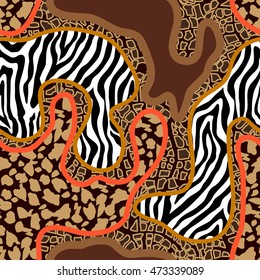 Seamless wavy vector pattern with animal prints. Zebra stripes, leopard spots, reptile skin, snake. 