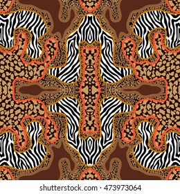 Seamless wavy vector pattern with repeated animal prints. Zebra stripes, leopard spots, reptile skin, snake. 