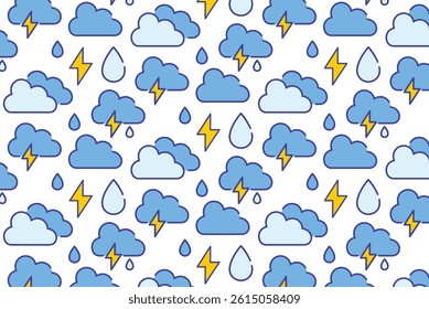 Seamless weather pattern with clouds and lightning in minimal line style. Perfect for backgrounds and packaging.