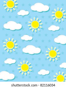 Seamless weather pattern of clouds, suns and stars, vector illustration