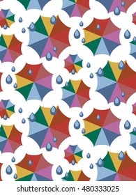 Seamless weather pattern with colorful umbrellas and rain drops in flat style. Trendy autumn 2016 colors. Vector illustration