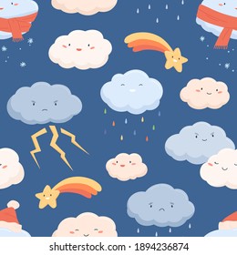 Seamless weather pattern with cute faces of clouds and stars. Funny sweet characters with rain, snow and lightning on endless background. Childish colored vector illustration in flat cartoon style