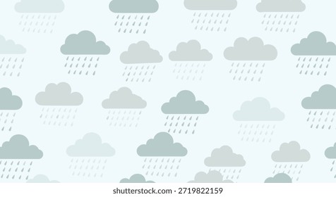 Padrão climático contínuo com nuvens cinzentas e gotas de chuva caindo em um fundo azul claro para têxteis e artigos de papelaria da estação chuvosa.